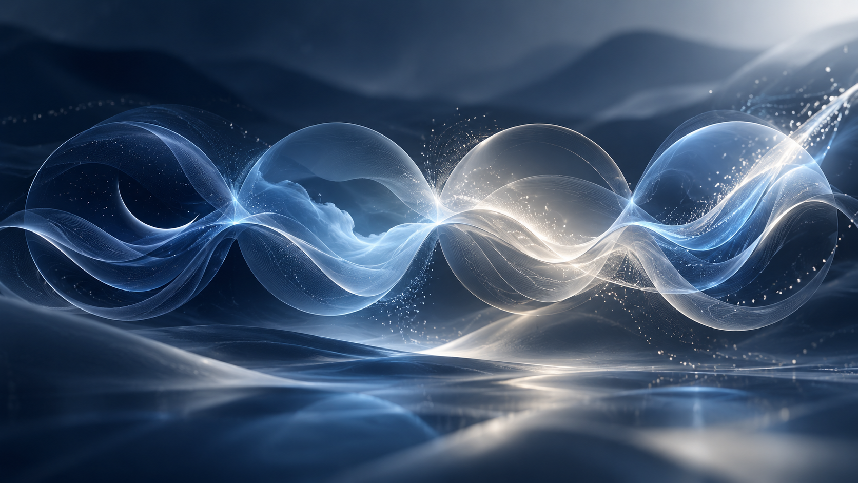 Ondas translúcidas de luz azul e prata representando o sistema ATMO