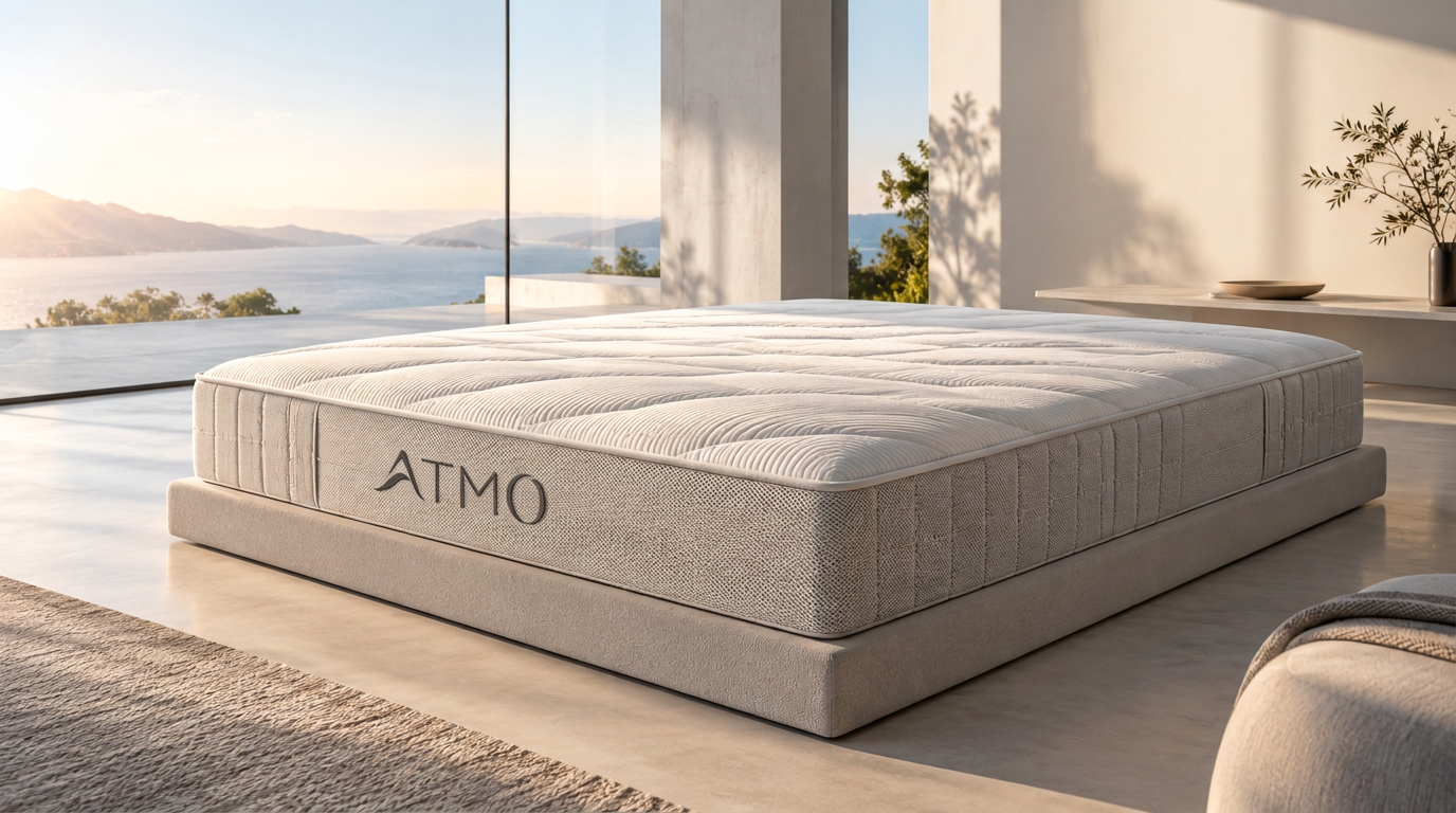 Colchão ATMO CORE 33 com marca centralizada na lateral, em ambiente contemporâneo com vista para o mar